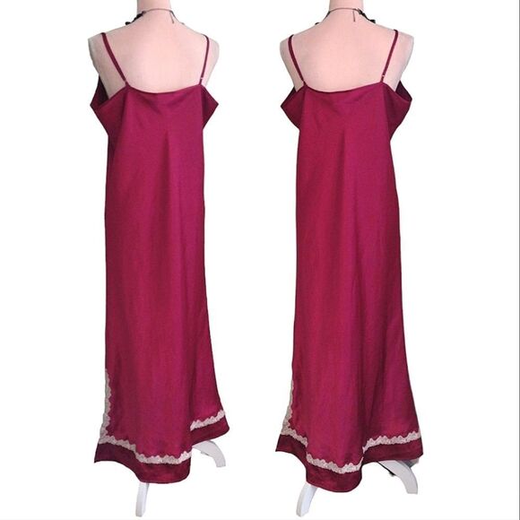 VTG 90s Red Satin White Lace Trim Long Slitted Lingerie Slip Dress Large - Picture 10 of 15